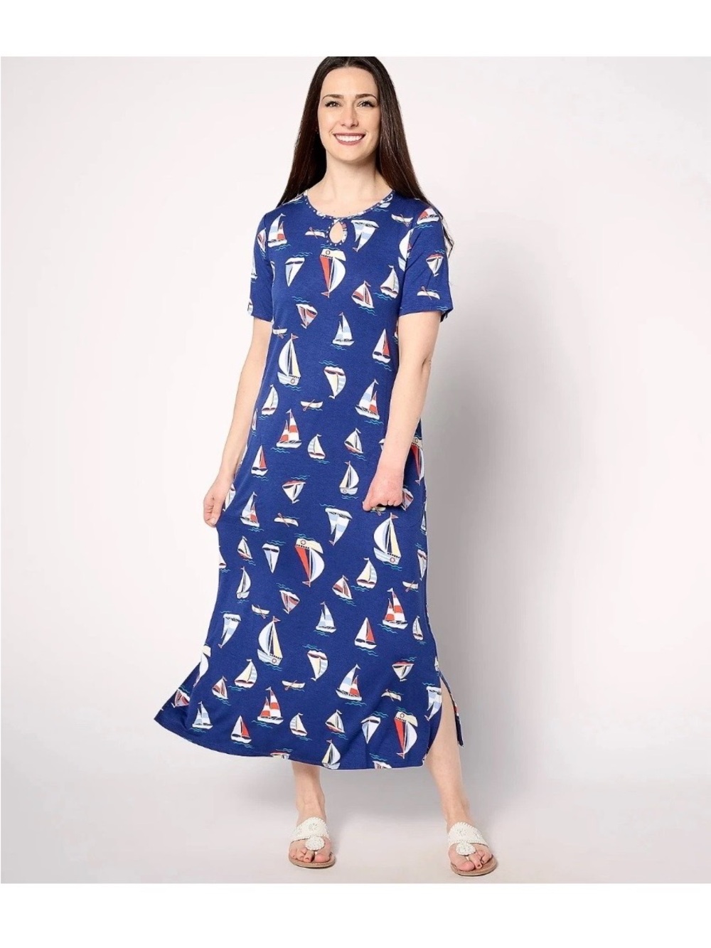 Quacker Factory Navy Sailboat Print Maxi Dress with Red & White Accents